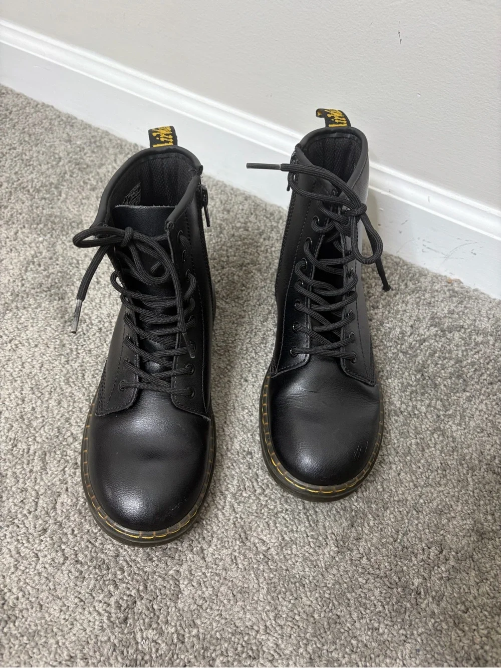 Black airwair dr. Martens Lace-Up Combat Boots with Yellow Stitching size 4